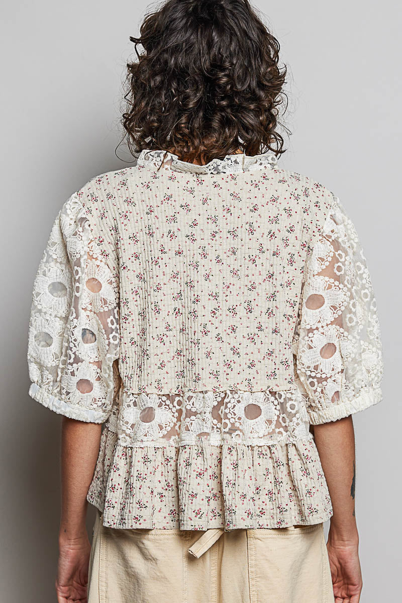 Gianna 2 Crochet Lace Sleeve Taupe Top