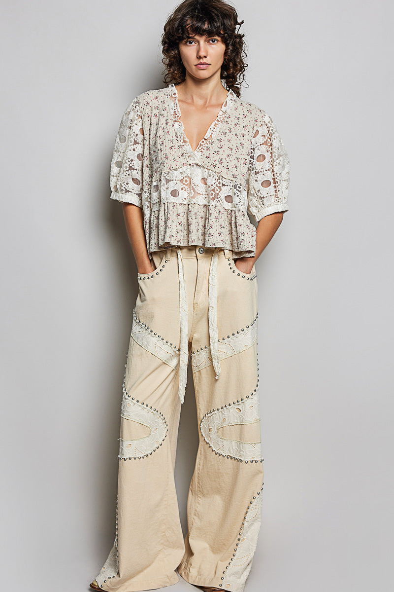 Gianna 2 Crochet Lace Sleeve Taupe Top