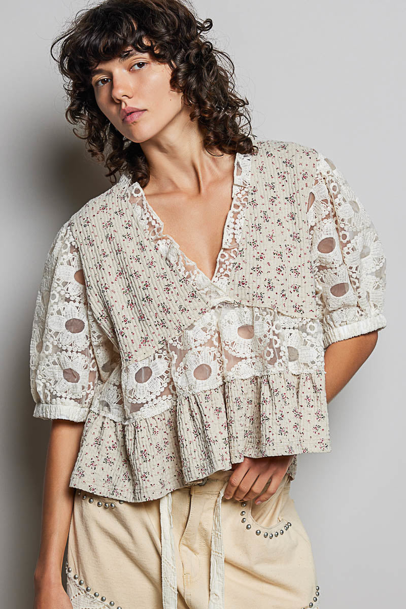 Gianna 2 Crochet Lace Sleeve Taupe Top