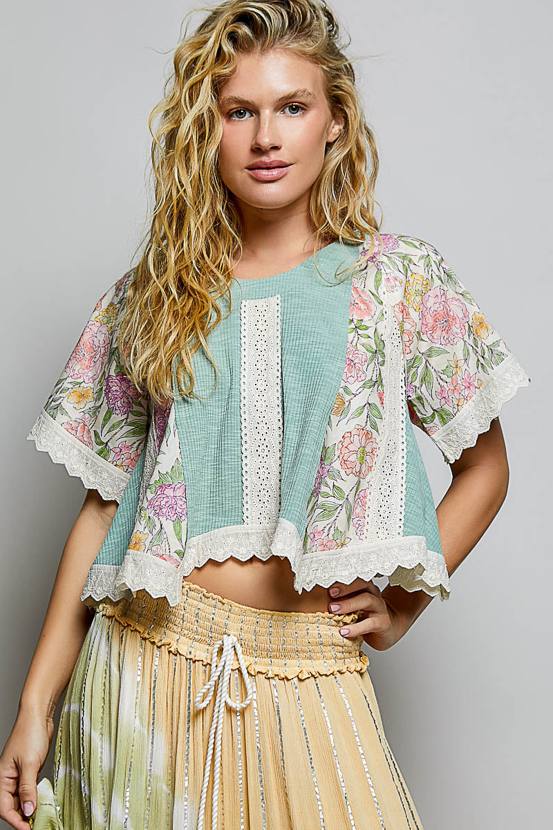 Joseline Short Sleeve Eyelet Floral Top in Teal Sage