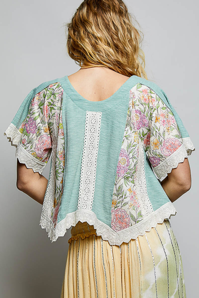 Joseline Short Sleeve Eyelet Floral Top in Teal Sage