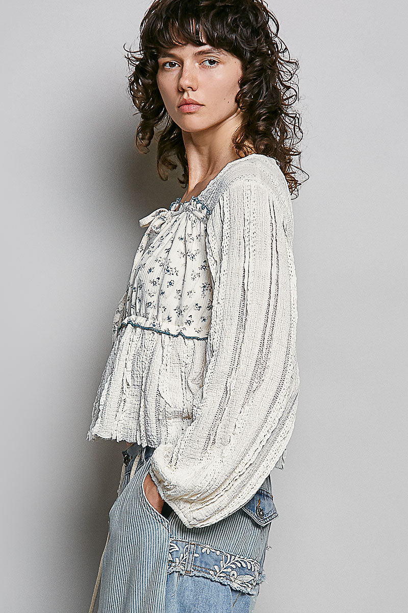 Hazel Creme Balloon Sleeve Floral Top