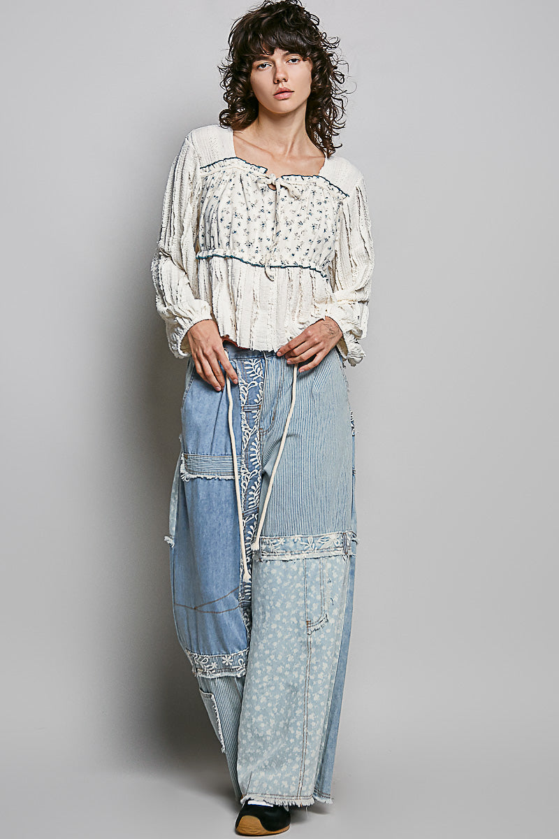 Hazel Creme Balloon Sleeve Floral Top