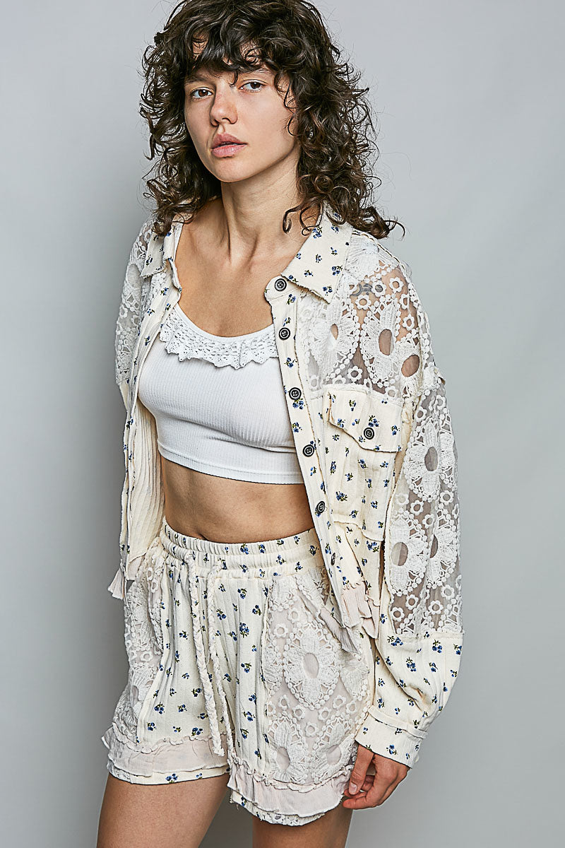 Doris Embroidered Lace Shorts in Cream Floral