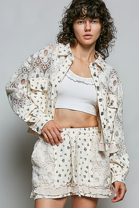 Doris Embroidered And Lace Jacket in Cream Floral