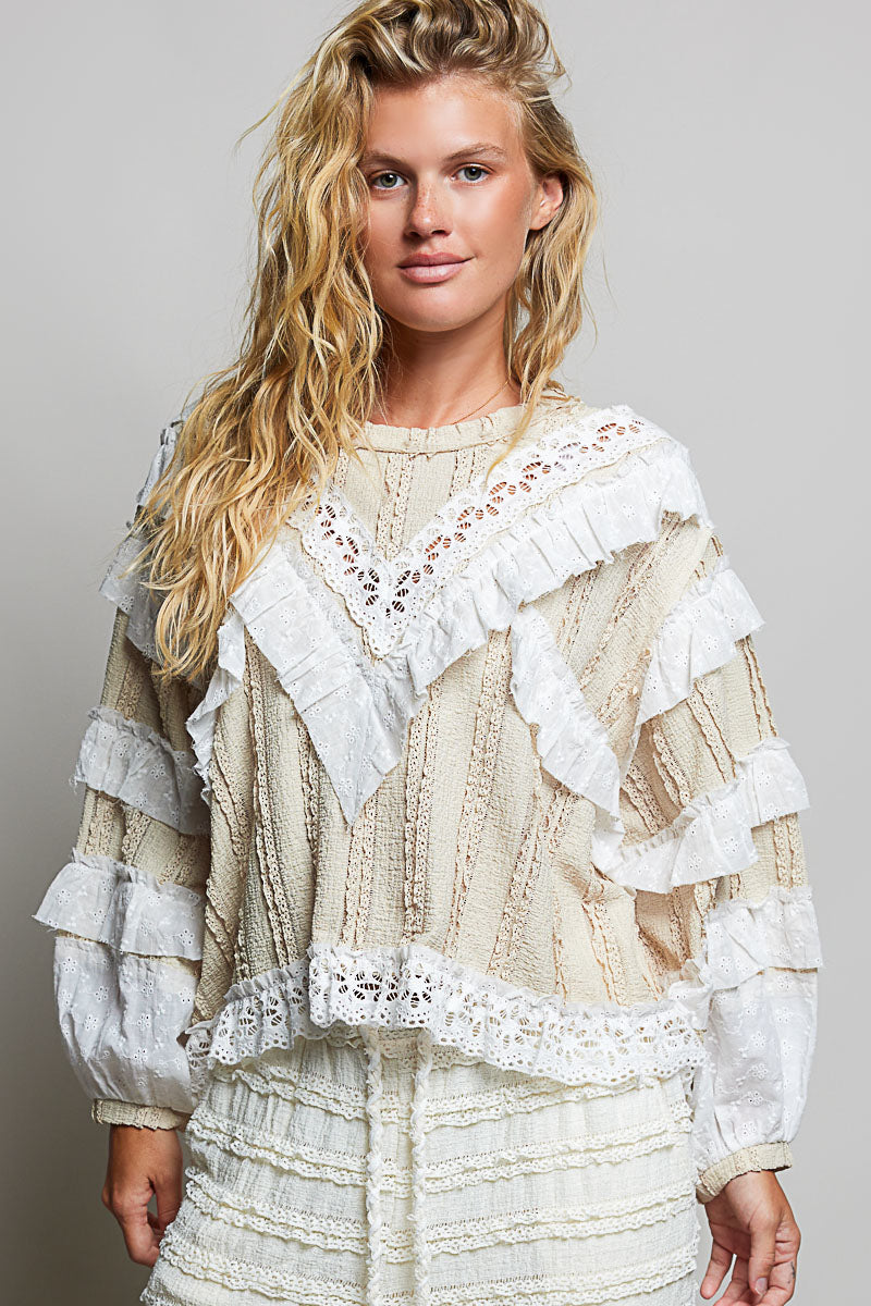 Madelyn Cream and Beige Lace and Gauze Top