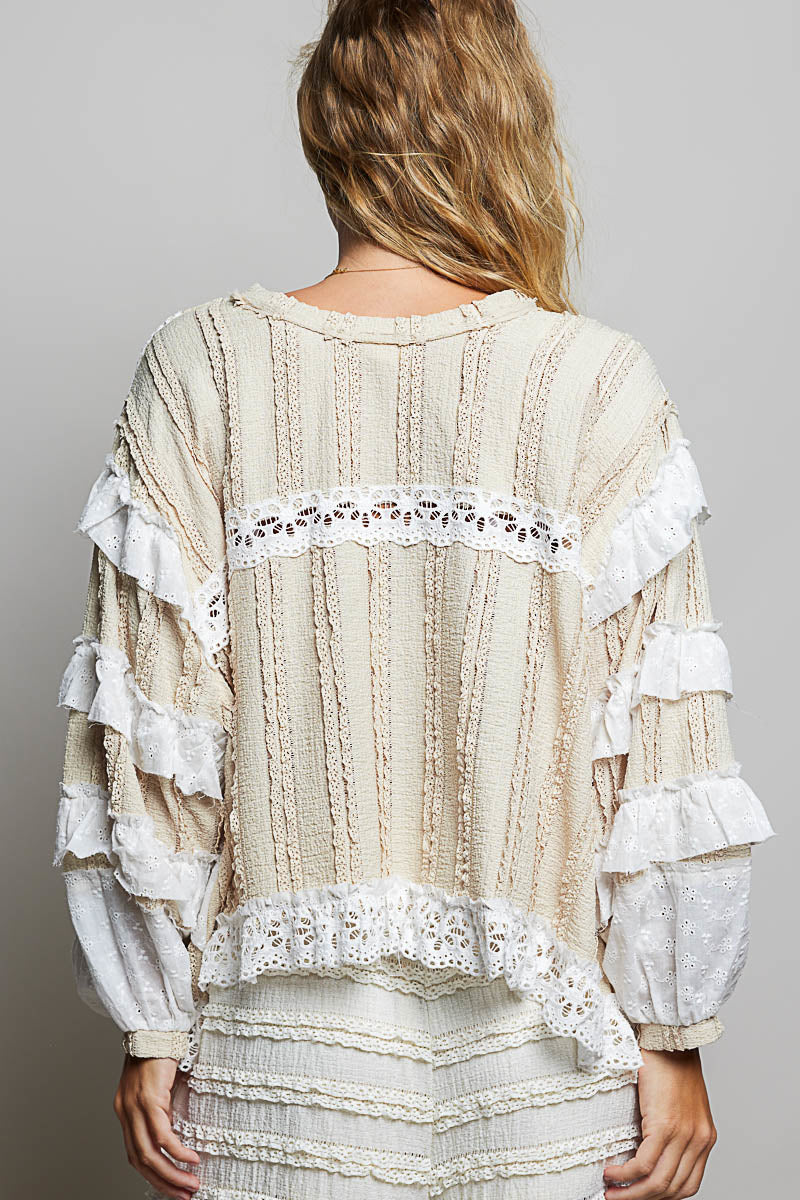 Madelyn Cream and Beige Lace and Gauze Top