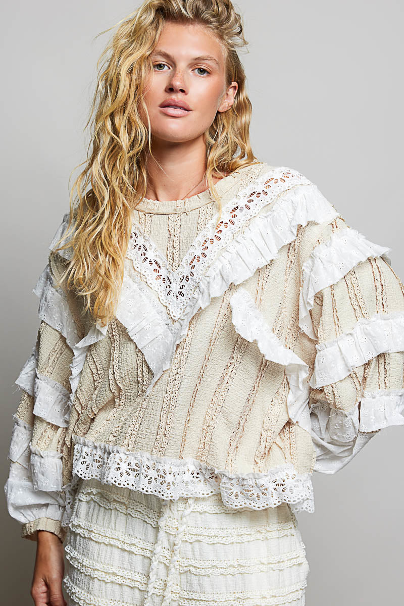 Madelyn Cream and Beige Lace and Gauze Top