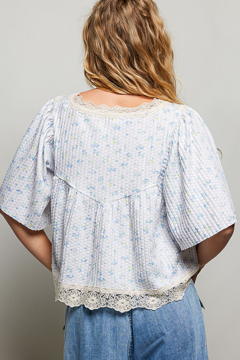 Kathy Knit Floral Pale Blue Cropped Top