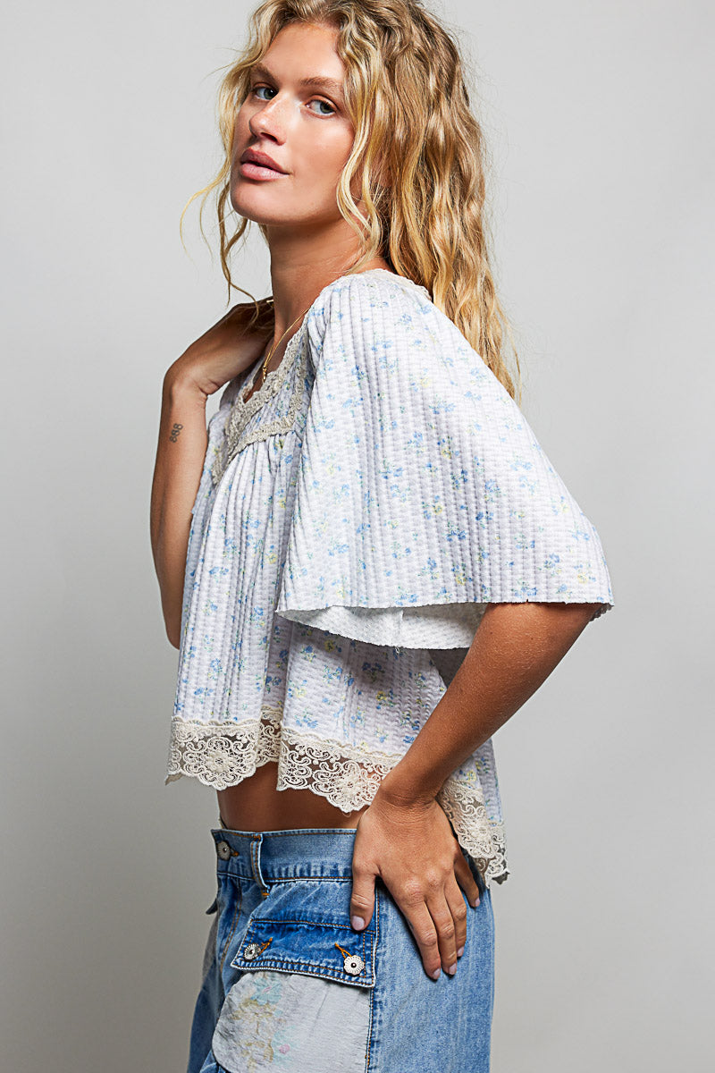 Kathy Knit Floral Pale Blue Cropped Top