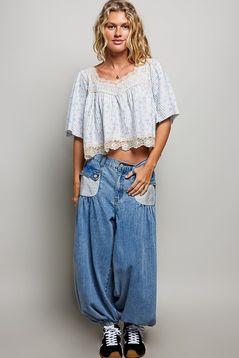 Kathy Knit Floral Pale Blue Cropped Top