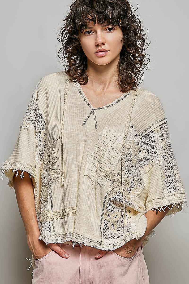 Rue Crochet Flower Hoodie Short Sleeve Top