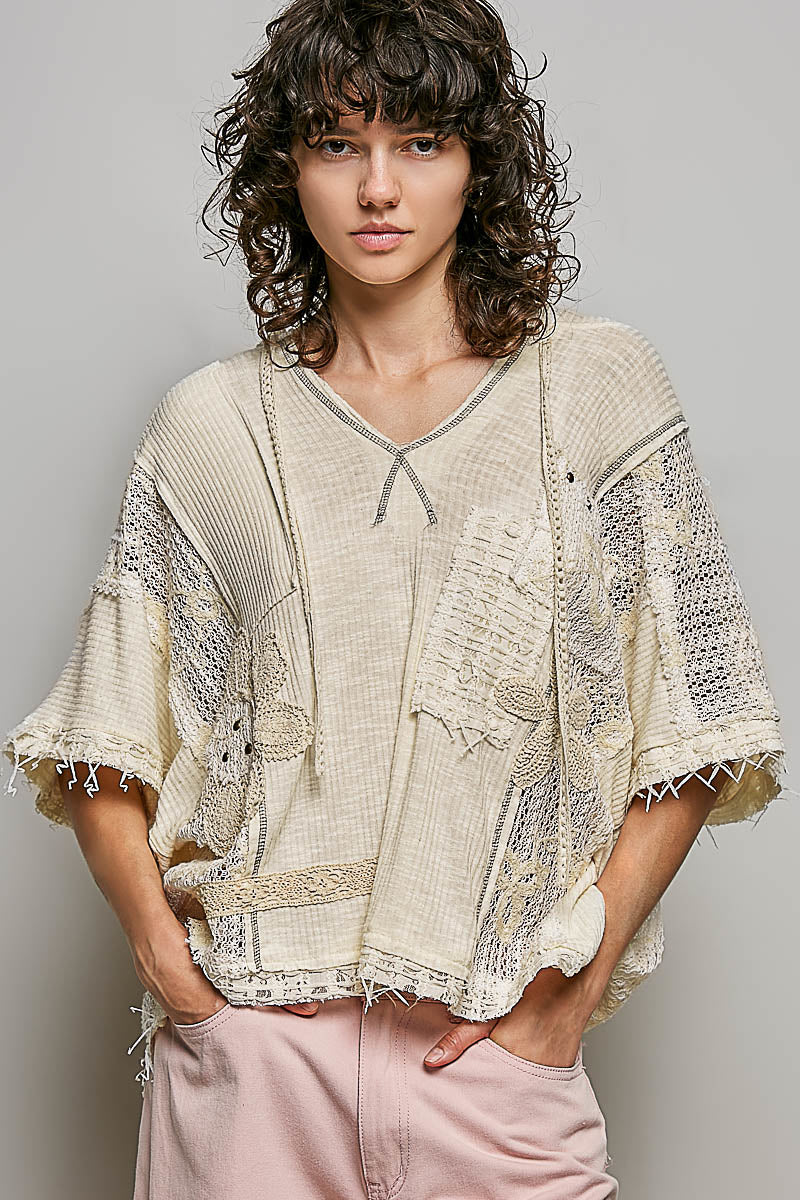 Rue Crochet Flower Hoodie Short Sleeve Top