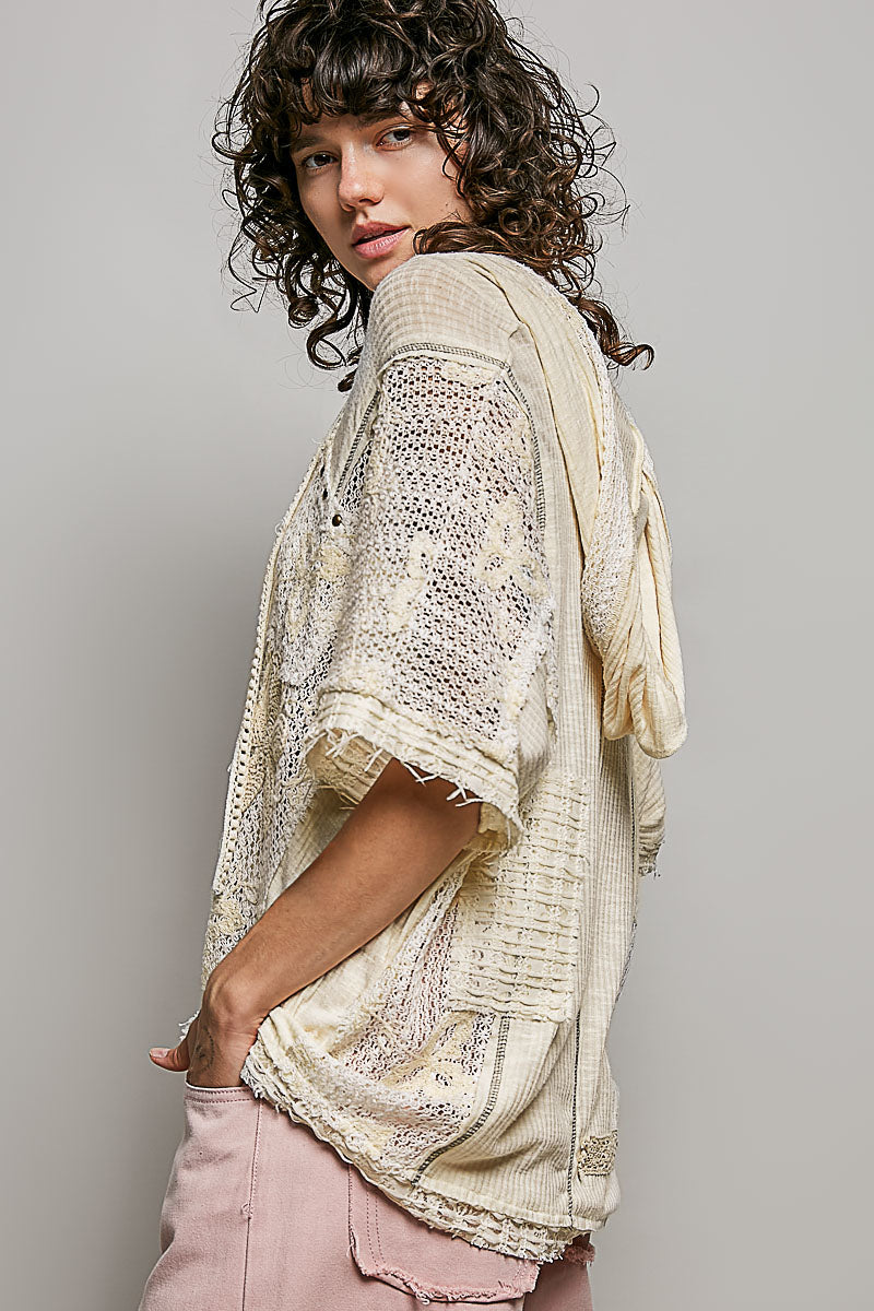 Rue Crochet Flower Hoodie Short Sleeve Top