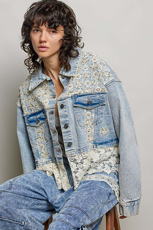 Stephanie Denim Embellished Lace Ruffle Jacket
