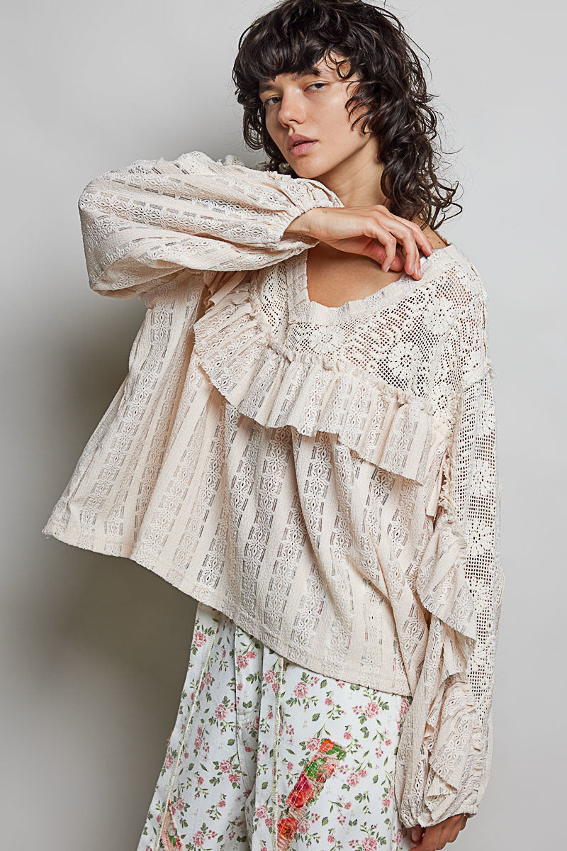 Yadira V Neck Crochet and Lace Top in Natural