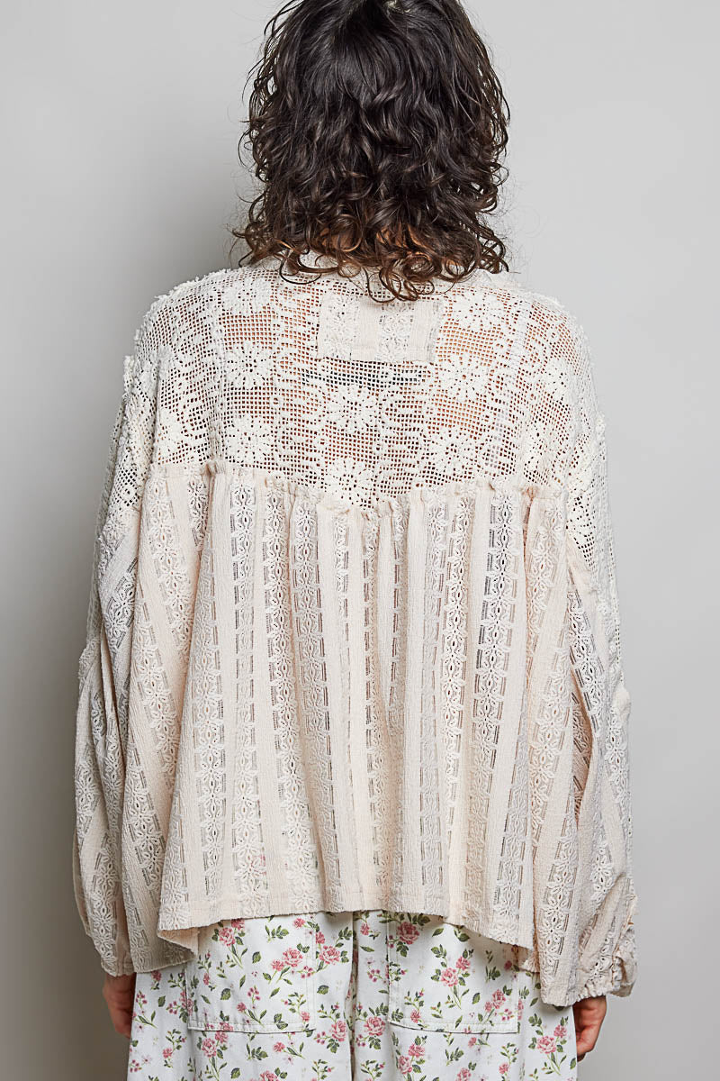 Yadira V Neck Crochet and Lace Top in Natural