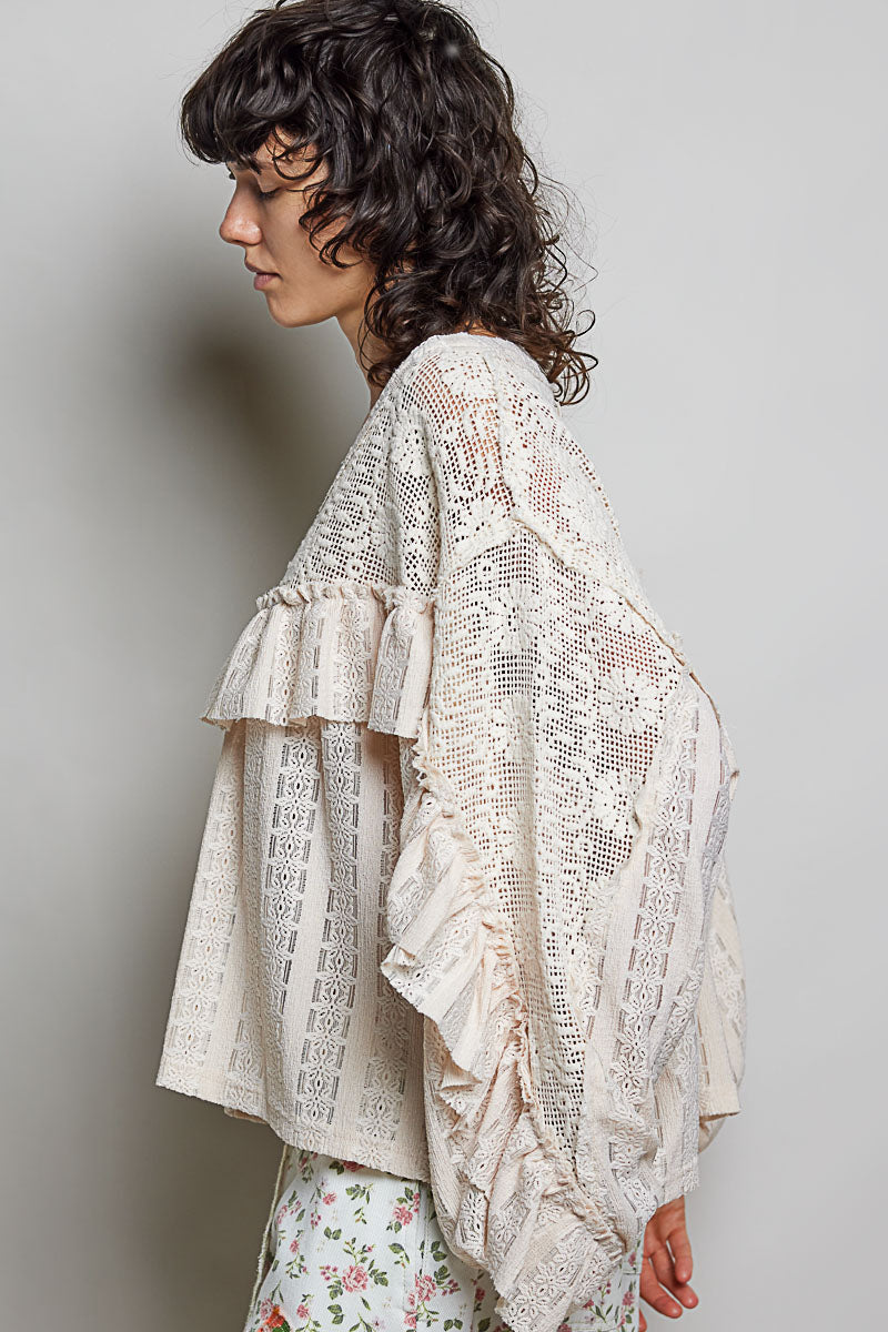 Yadira V Neck Crochet and Lace Top in Natural