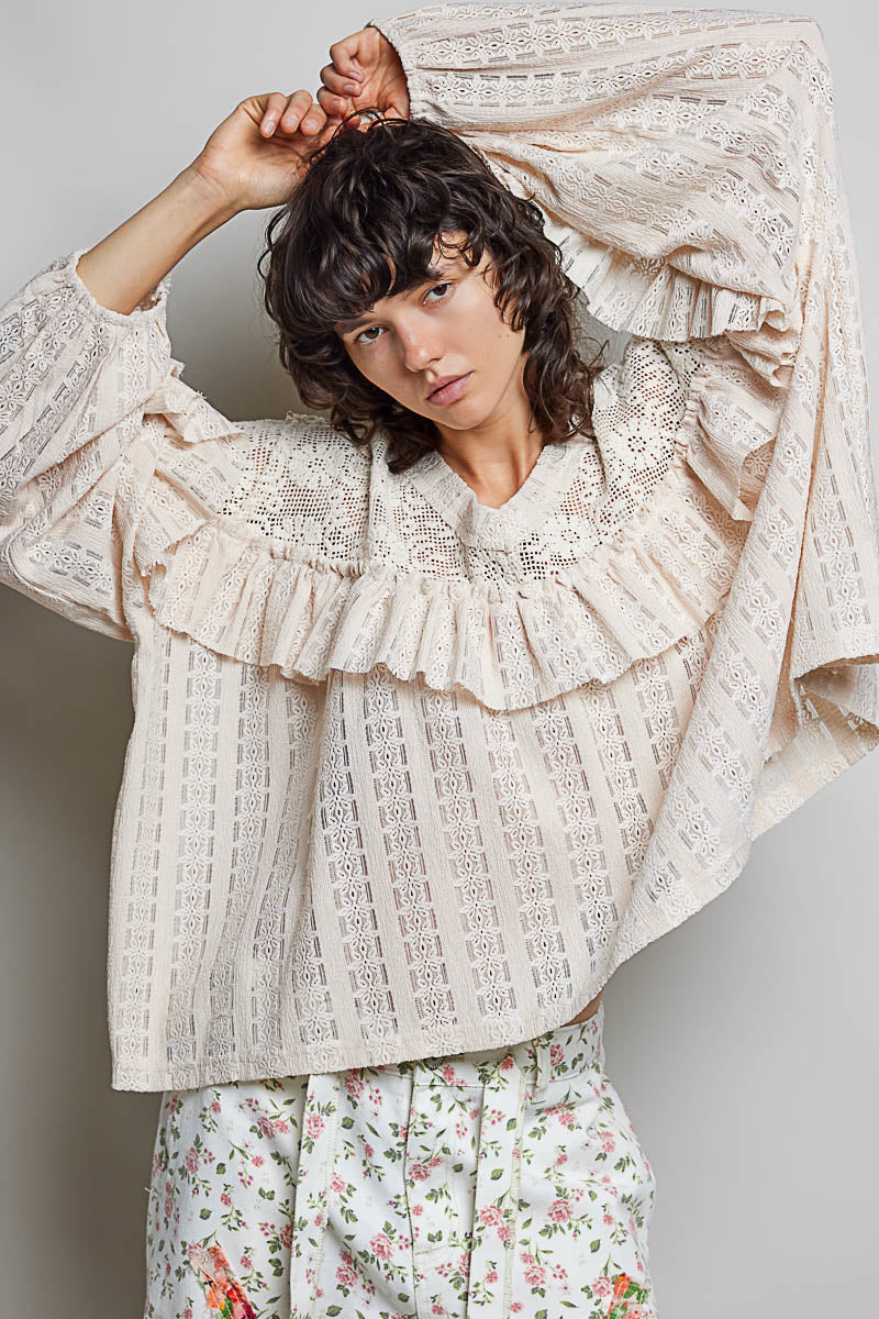 Yadira V Neck Crochet and Lace Top in Natural