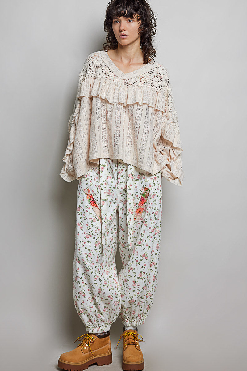 Yadira V Neck Crochet and Lace Top in Natural