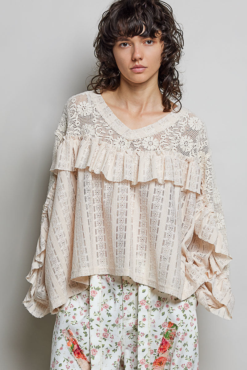 Yadira V Neck Crochet and Lace Top in Natural