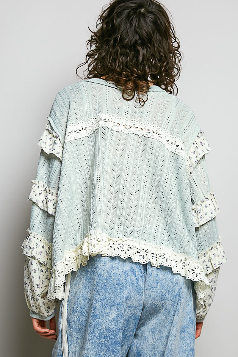 Martha Mint Sage Ruffle and Embroidered Top