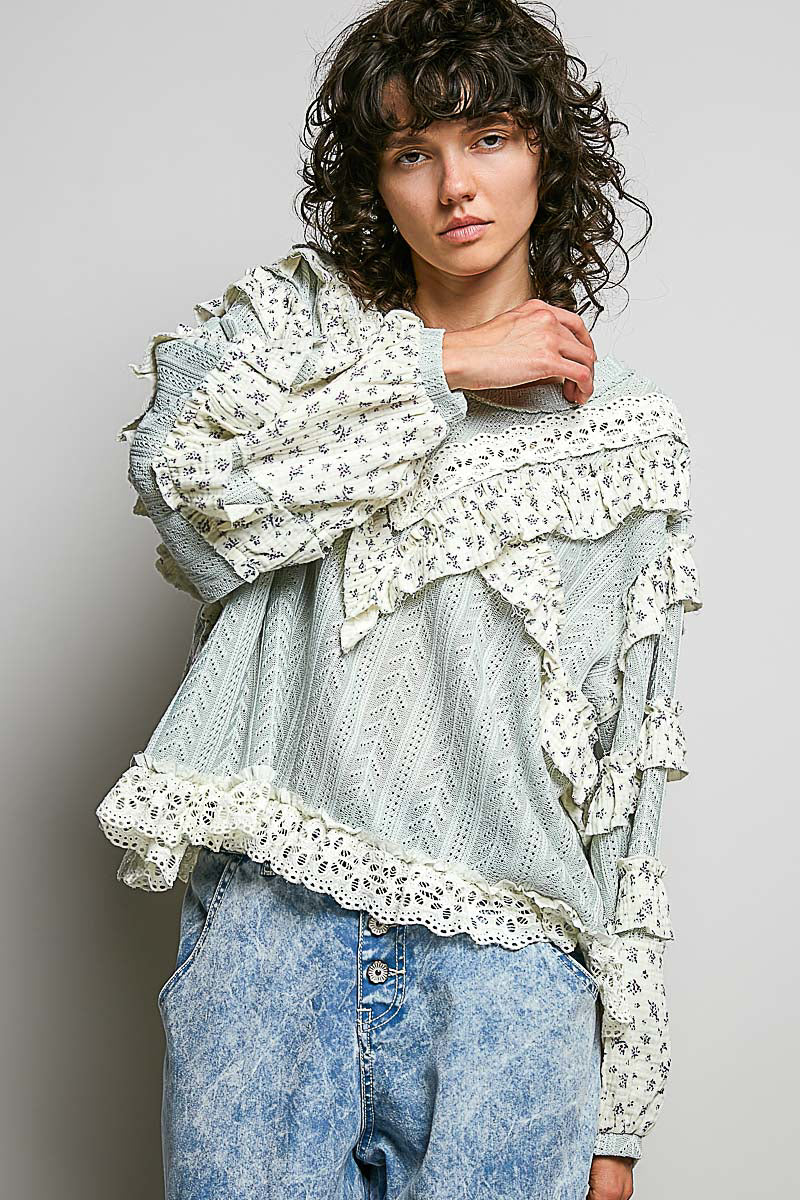 Martha Mint Sage Ruffle and Embroidered Top