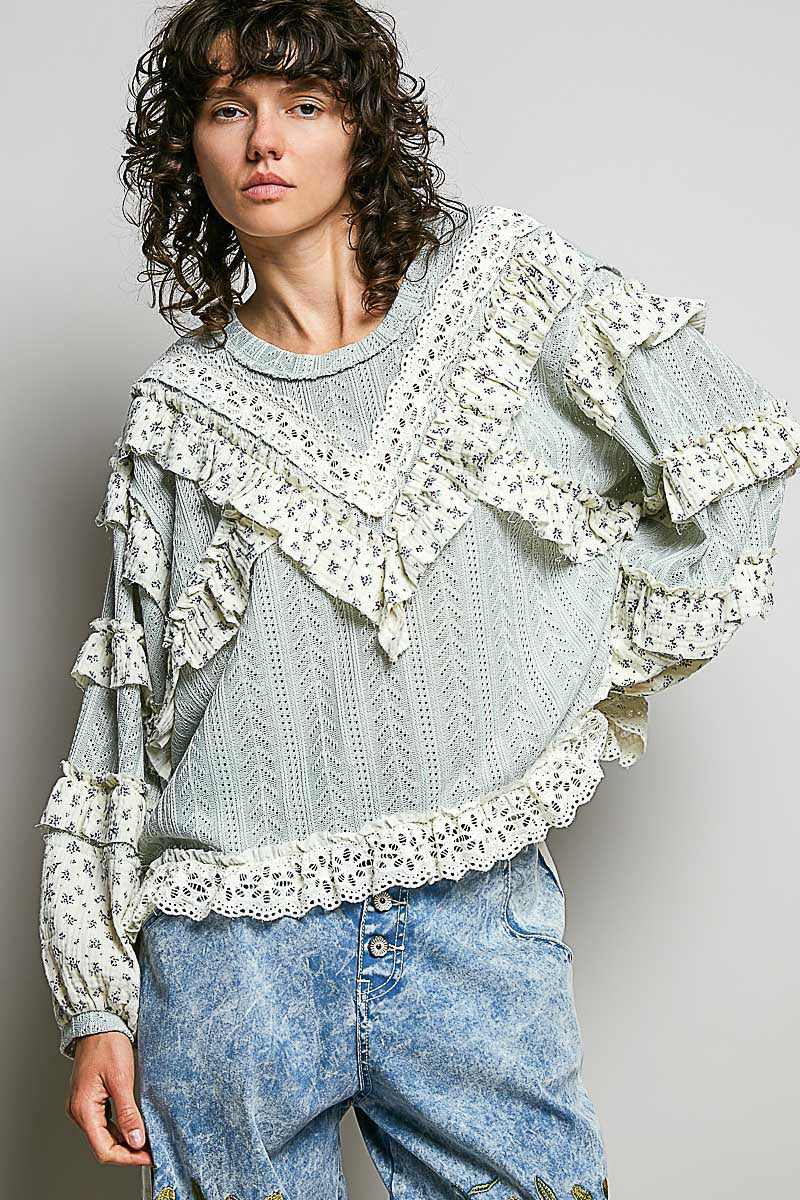 Martha Mint Sage Ruffle and Embroidered Top