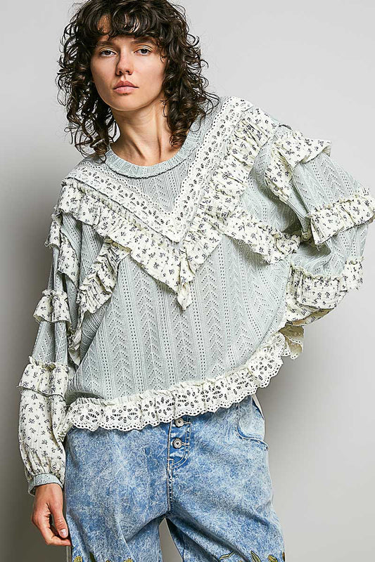 Martha Mint Sage Ruffle and Embroidered Top