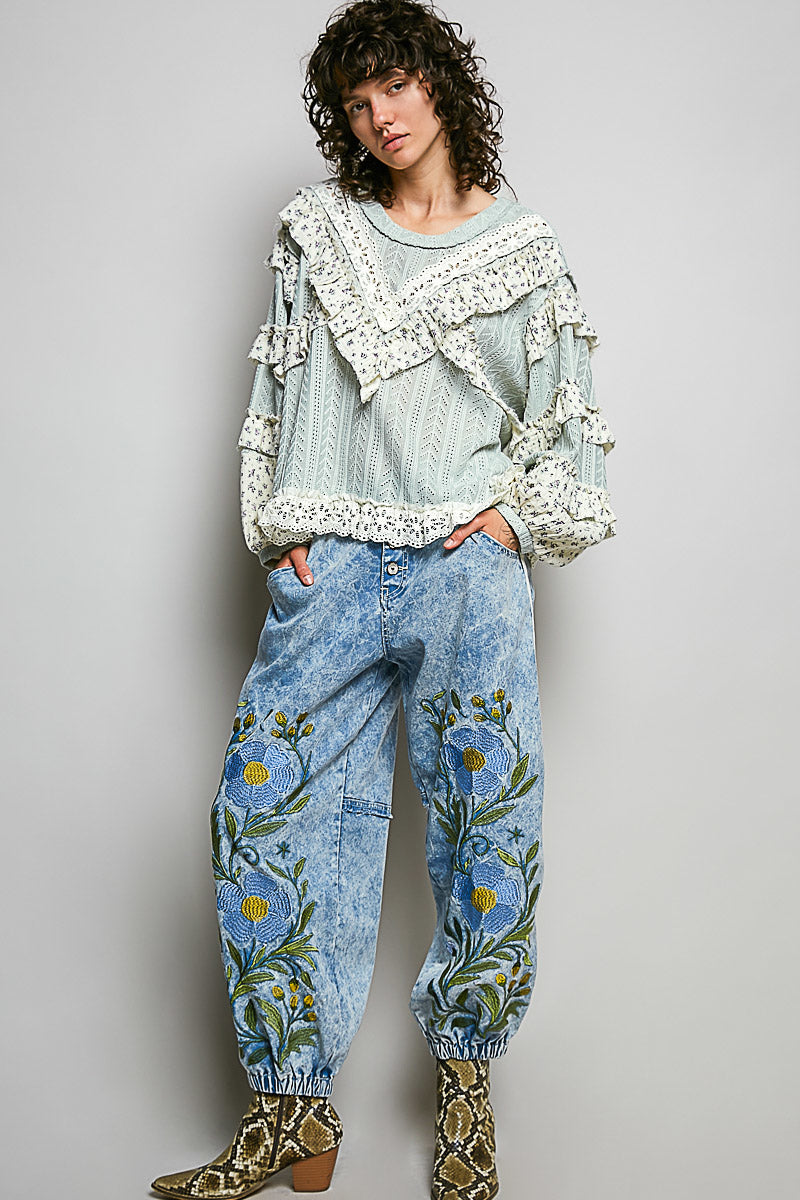 Martha Mint Sage Ruffle and Embroidered Top