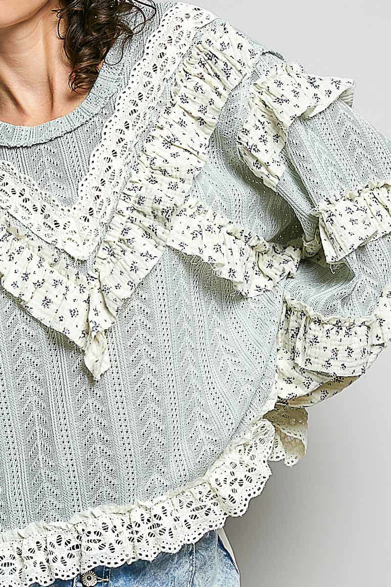 Martha Mint Sage Ruffle and Embroidered Top