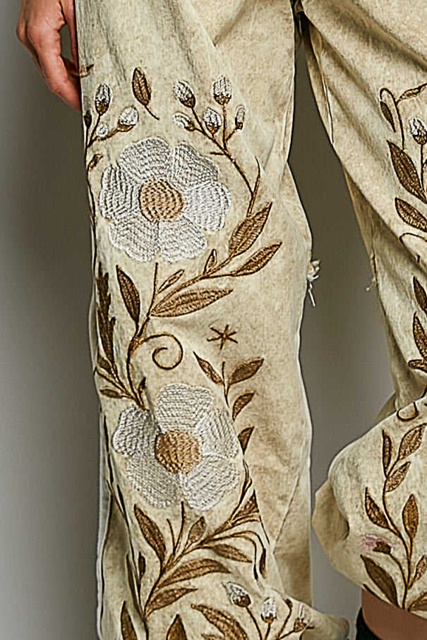 Sandy Embroidered Flower Pants in Sand Denim