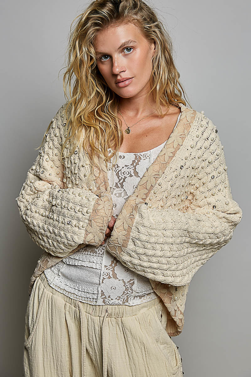 Angela Open Front Cardigan with Pearls and Rhinestones