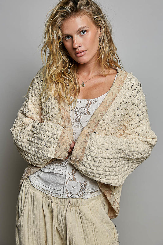 Angela Open Front Cardigan with Pearls and Rhinestones