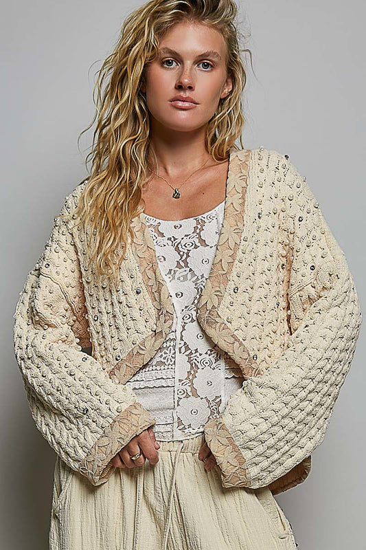Angela Open Front Cardigan with Pearls and Rhinestones