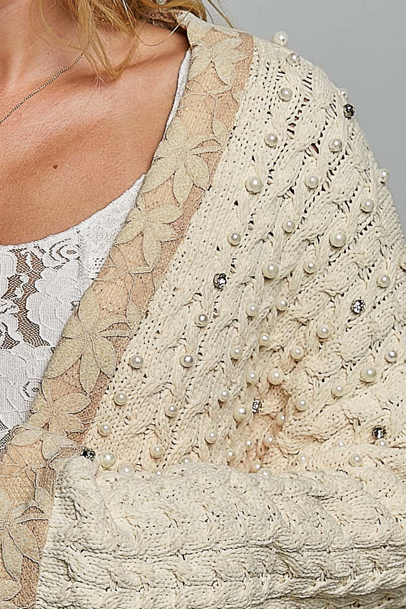 Angela Open Front Cardigan with Pearls and Rhinestones