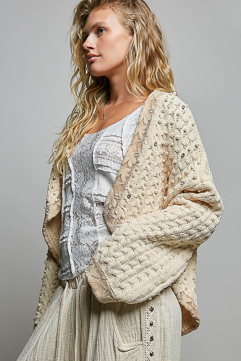 Angela Open Front Cardigan with Pearls and Rhinestones
