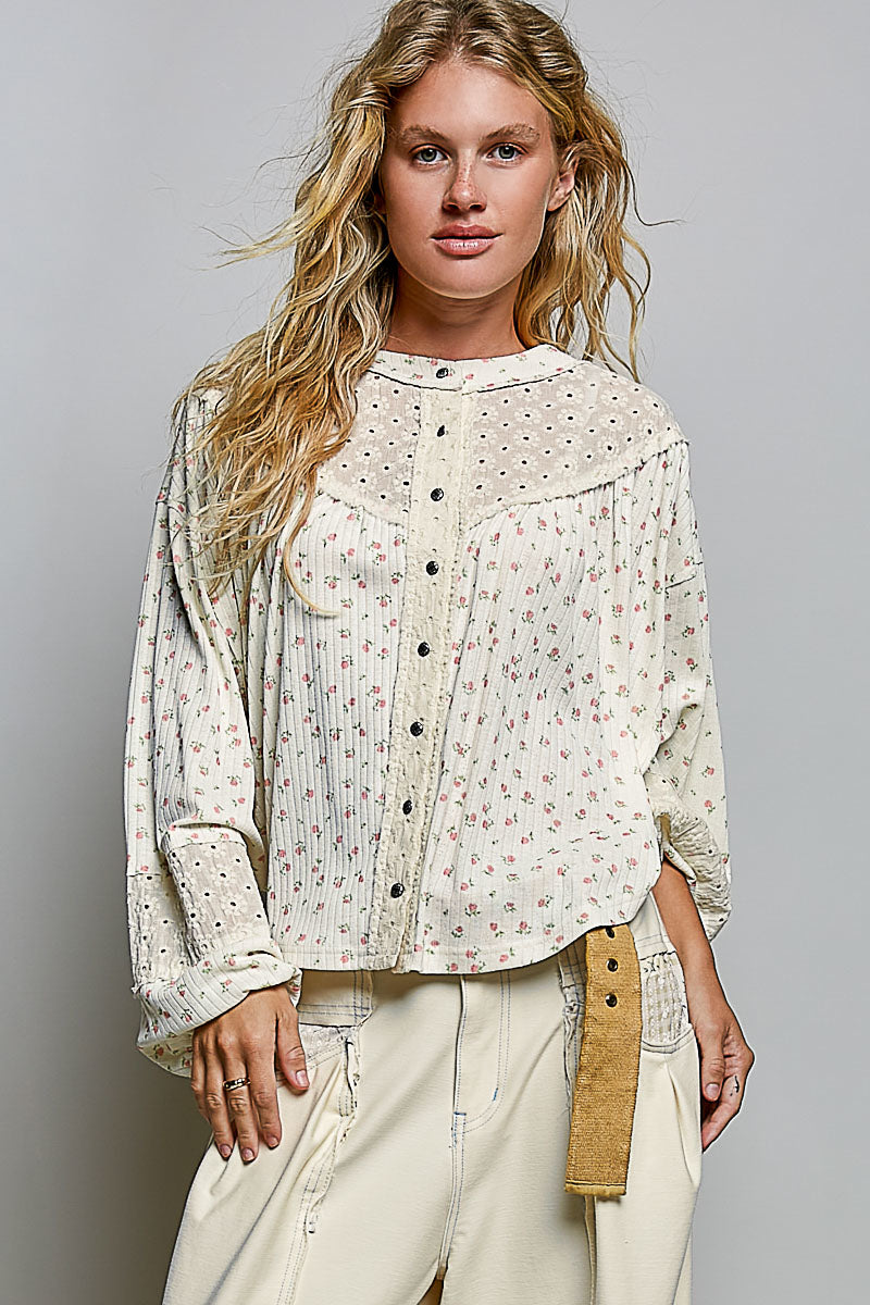 Robyn Eyelet Patch Button Down Top in Natural