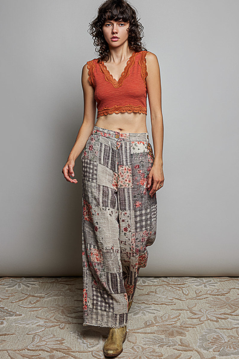Priscila Patch-Pattern Wide Leg Woven Cotton Pants
