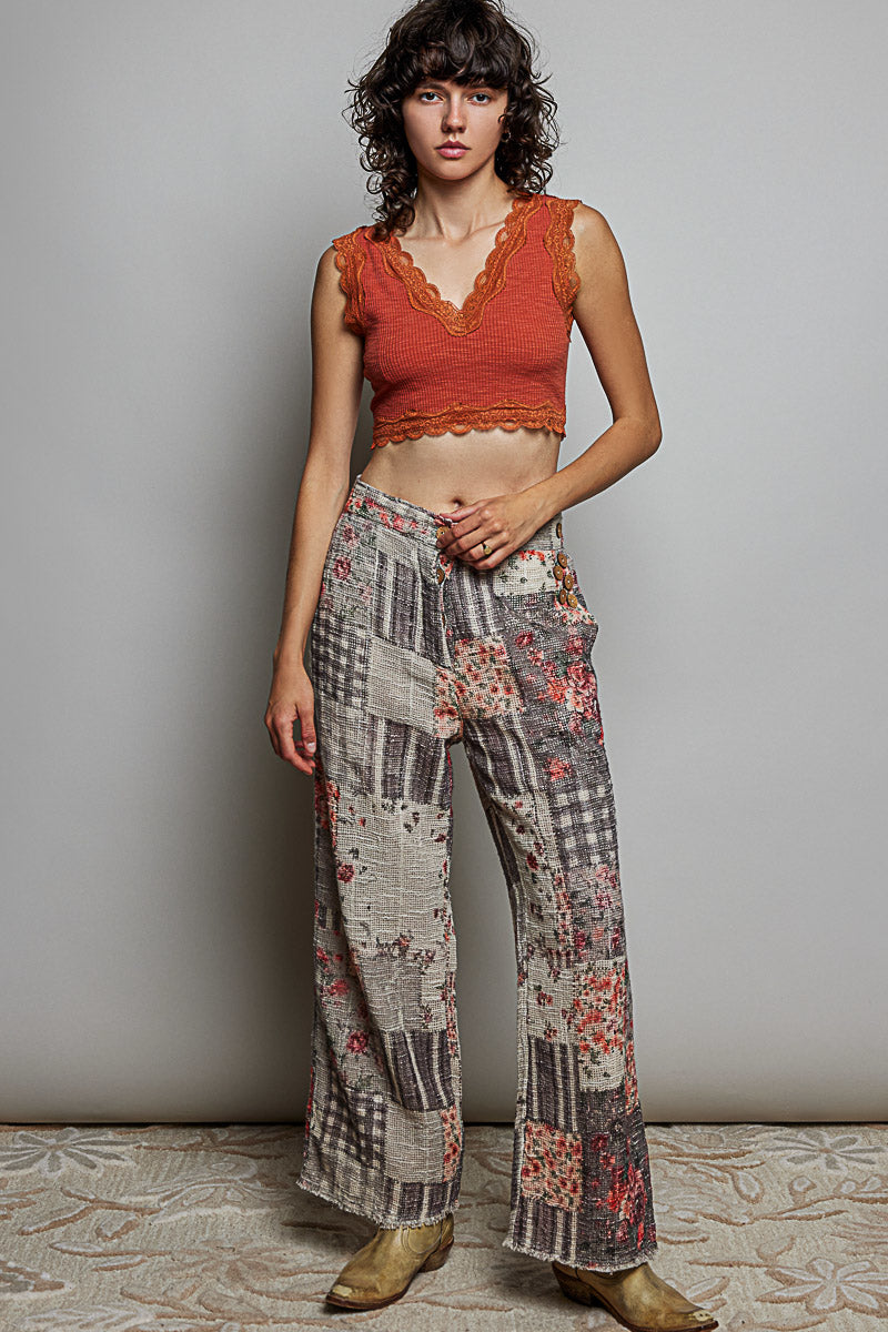 Priscila Patch-Pattern Wide Leg Woven Cotton Pants