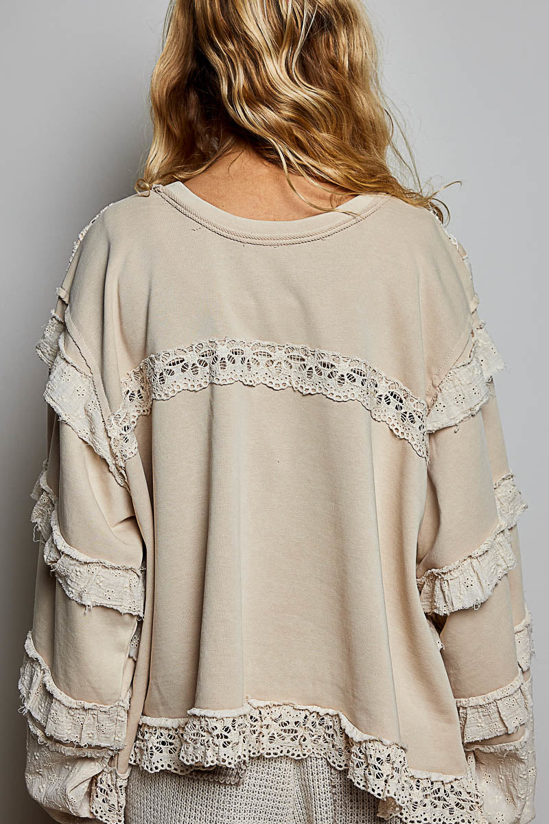 Matilda French Terry Top with Ruffles in Nude Beige