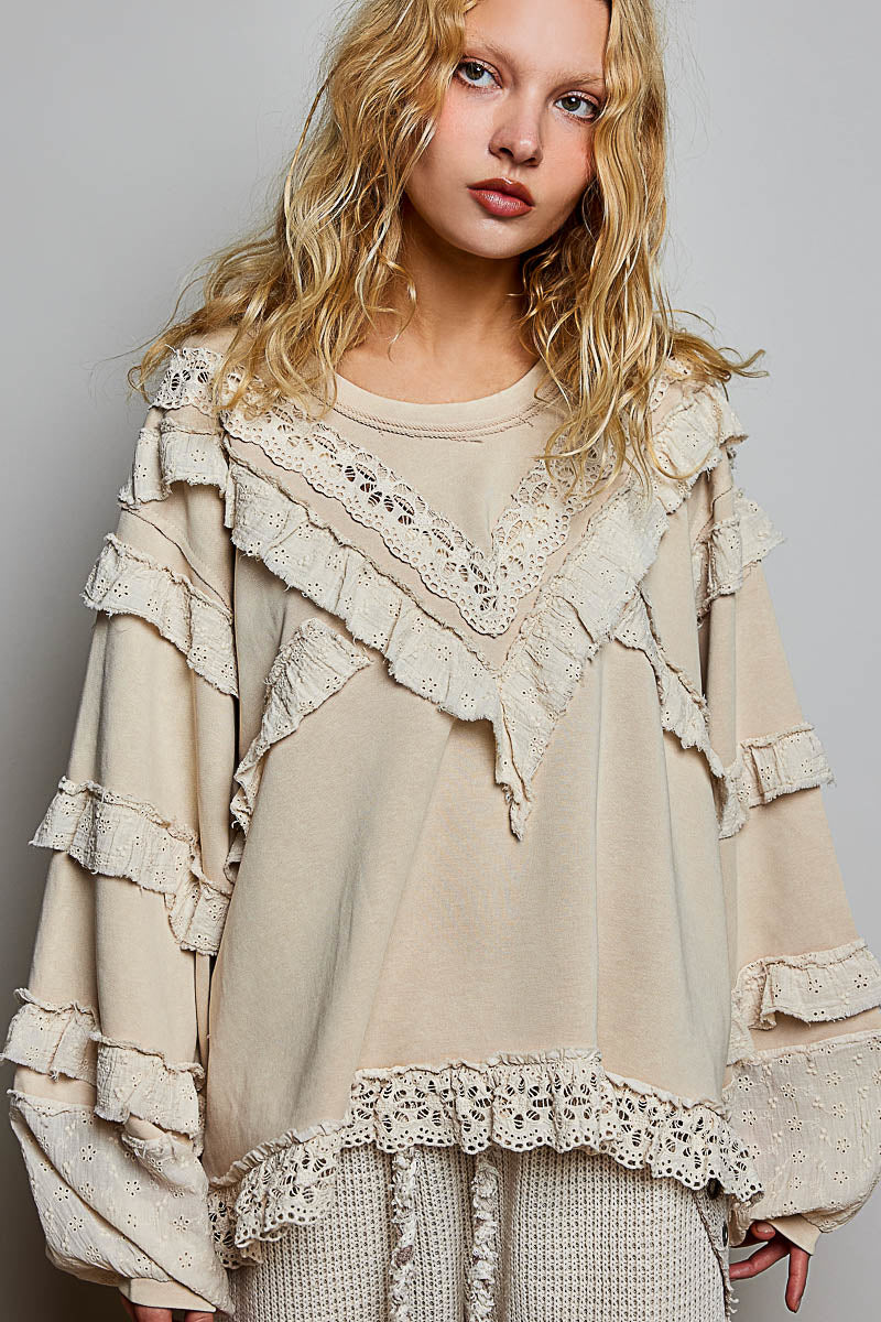 Matilda French Terry Top with Ruffles in Nude Beige