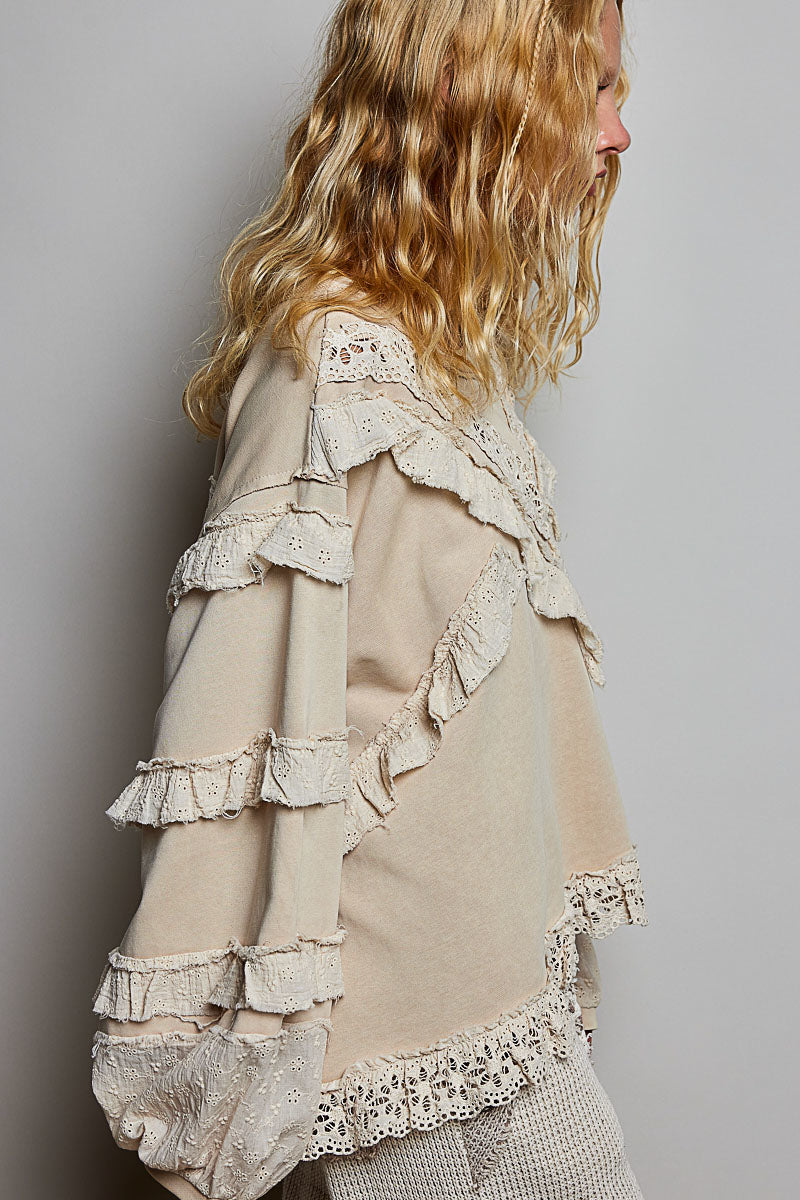Matilda French Terry Top with Ruffles in Nude Beige