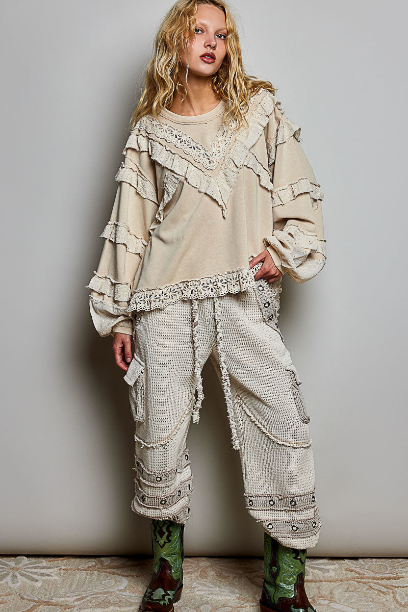 Matilda French Terry Top with Ruffles in Nude Beige