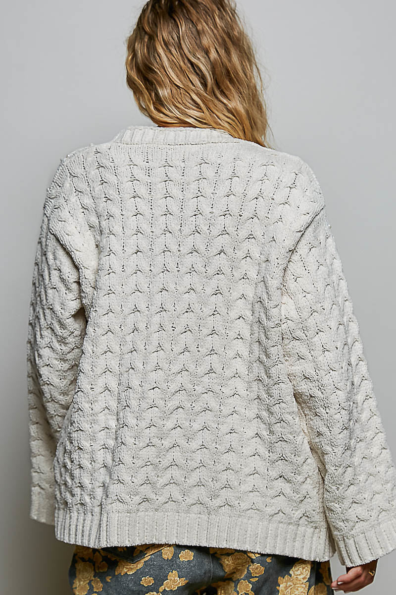 Dakota Chenille Pearl and Rhinestone Cardigan in Powder Cream