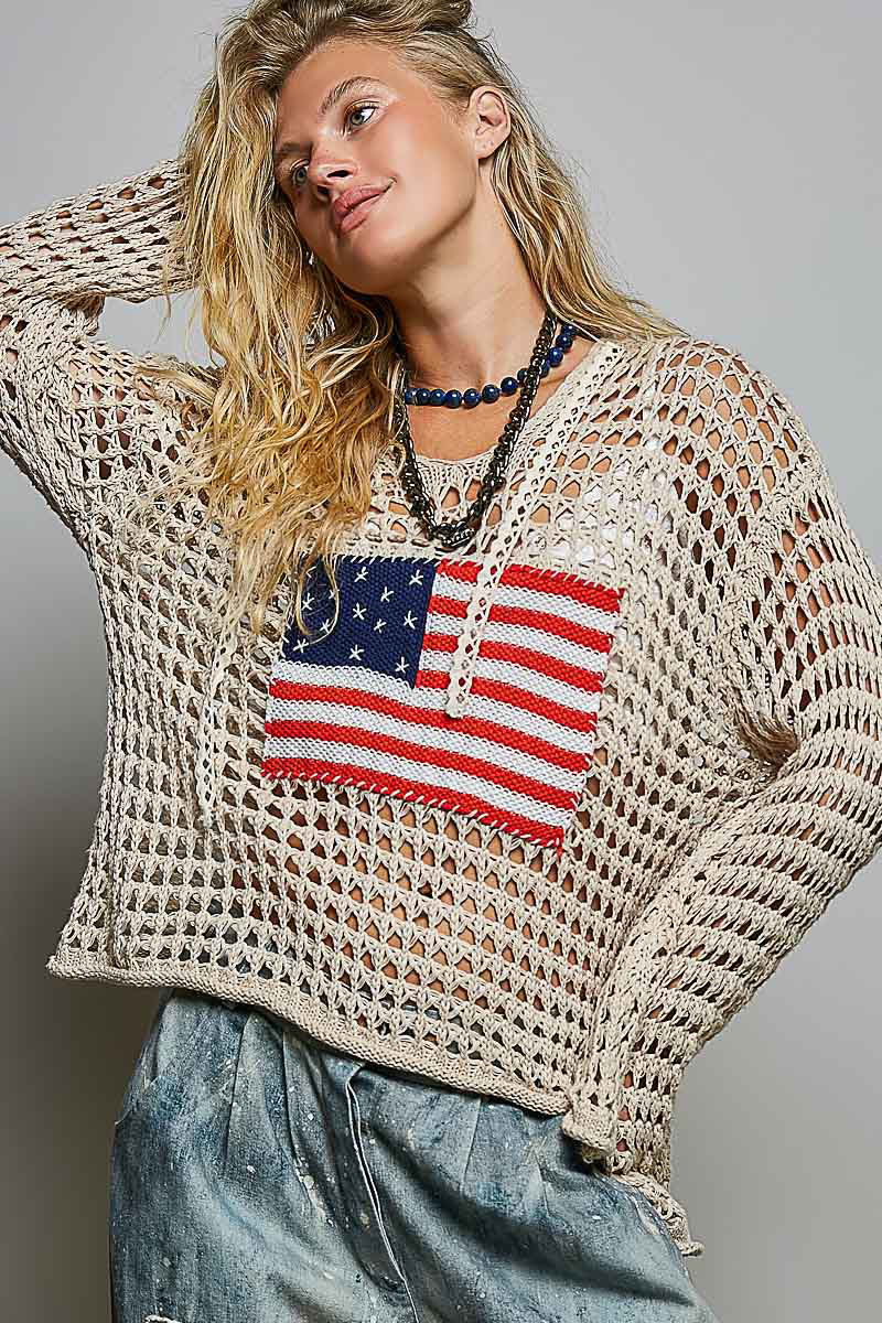 Glory Beige Crochet Hoodie with American Flag
