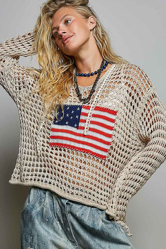 Glory Beige Crochet Hoodie with American Flag