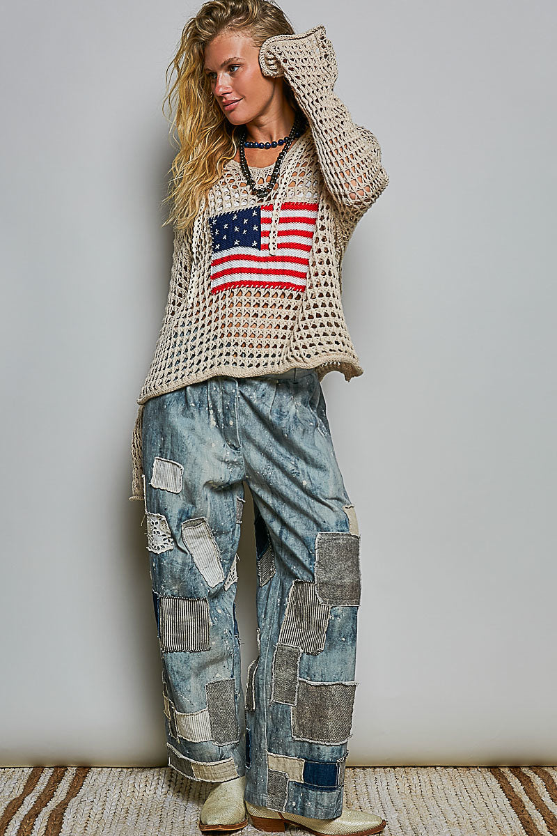 Glory Beige Crochet Hoodie with American Flag