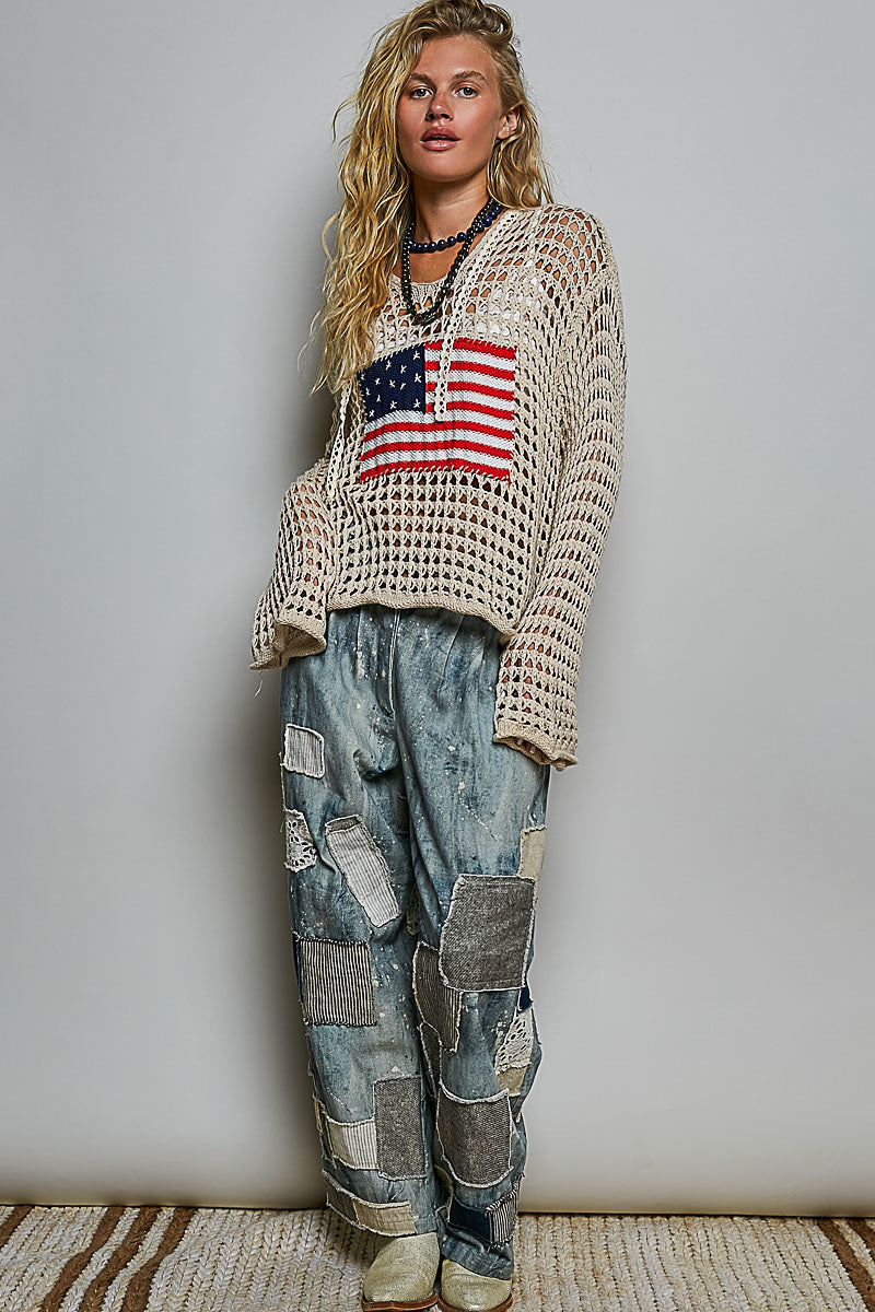Glory Beige Crochet Hoodie with American Flag