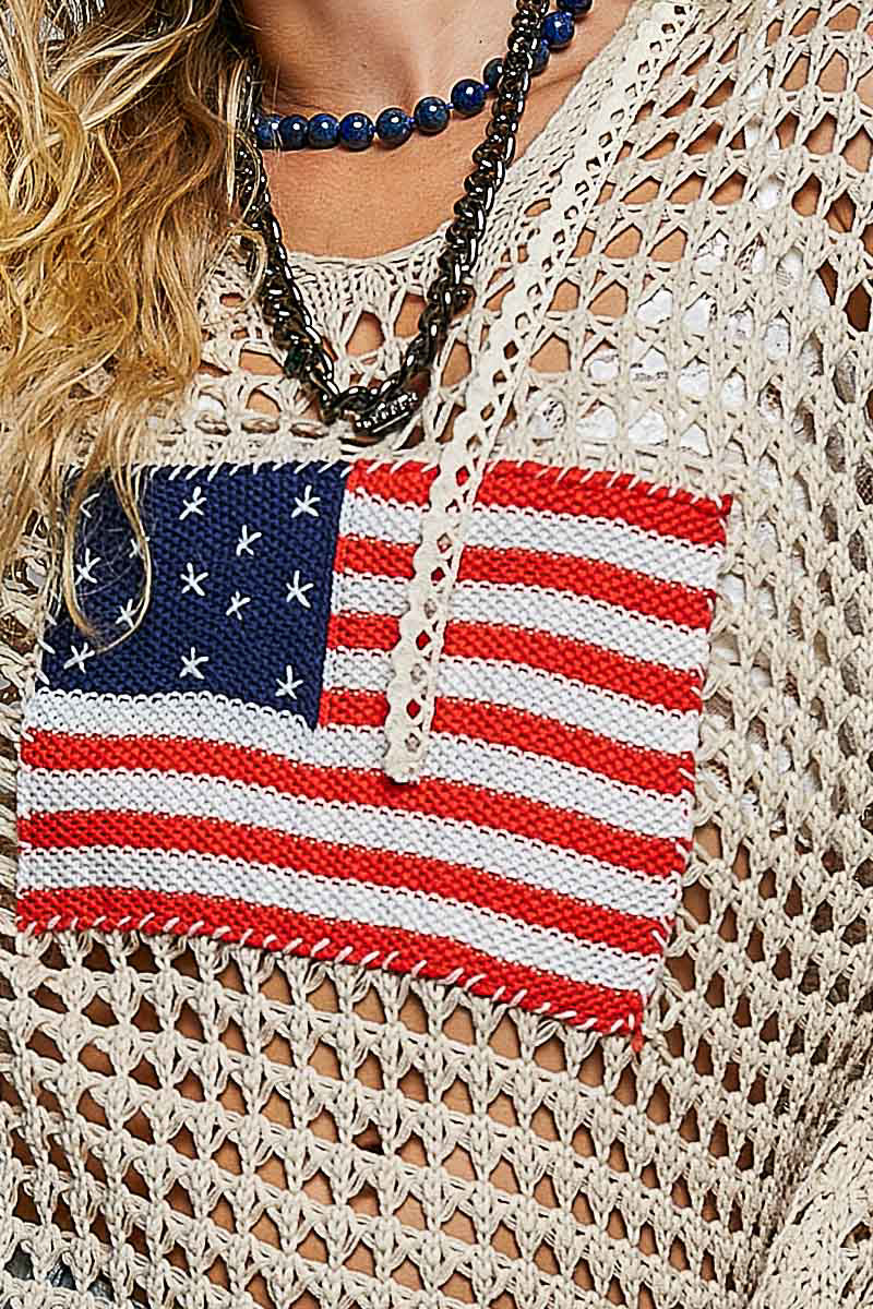Glory Beige Crochet Hoodie with American Flag